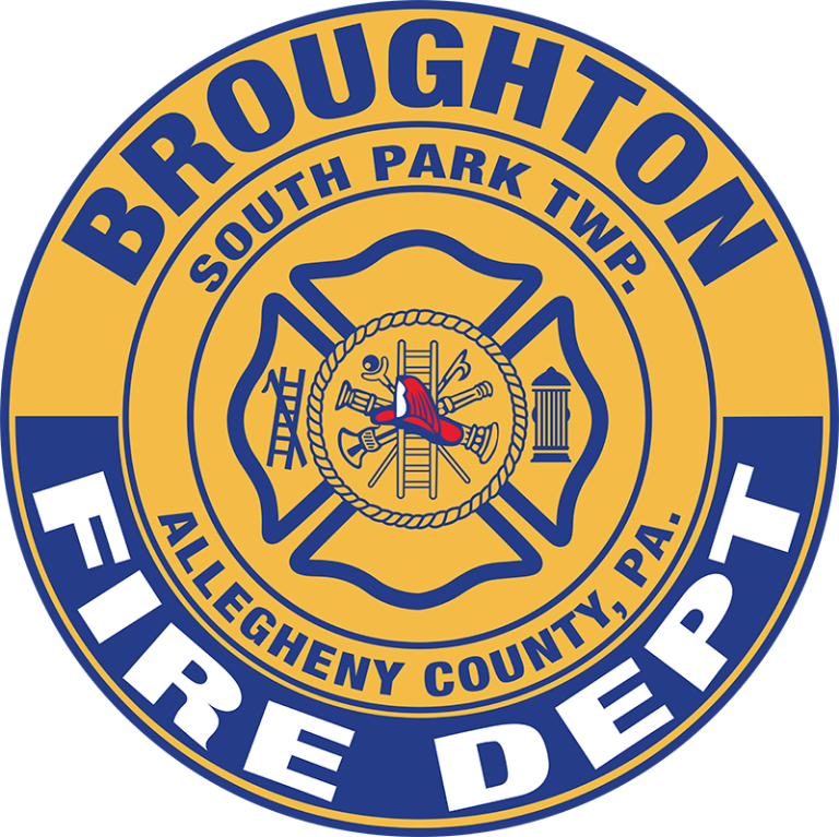 The image is a logo for the Broughton Fire Department, South Park Township, Allegheny County, PA. It features a yellow firefighting emblem with crossed axes, a ladder, and a fire hydrant, on a blue background with bold text around the emblem.