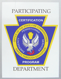 An emblem with the words "Participating Department" at the top and bottom. The center features a blue shield with a white eagle. The text reads: "Office of the State Fire Commissioner, Pennsylvania, Emergency Services, Safety Through Education, Certification Program.