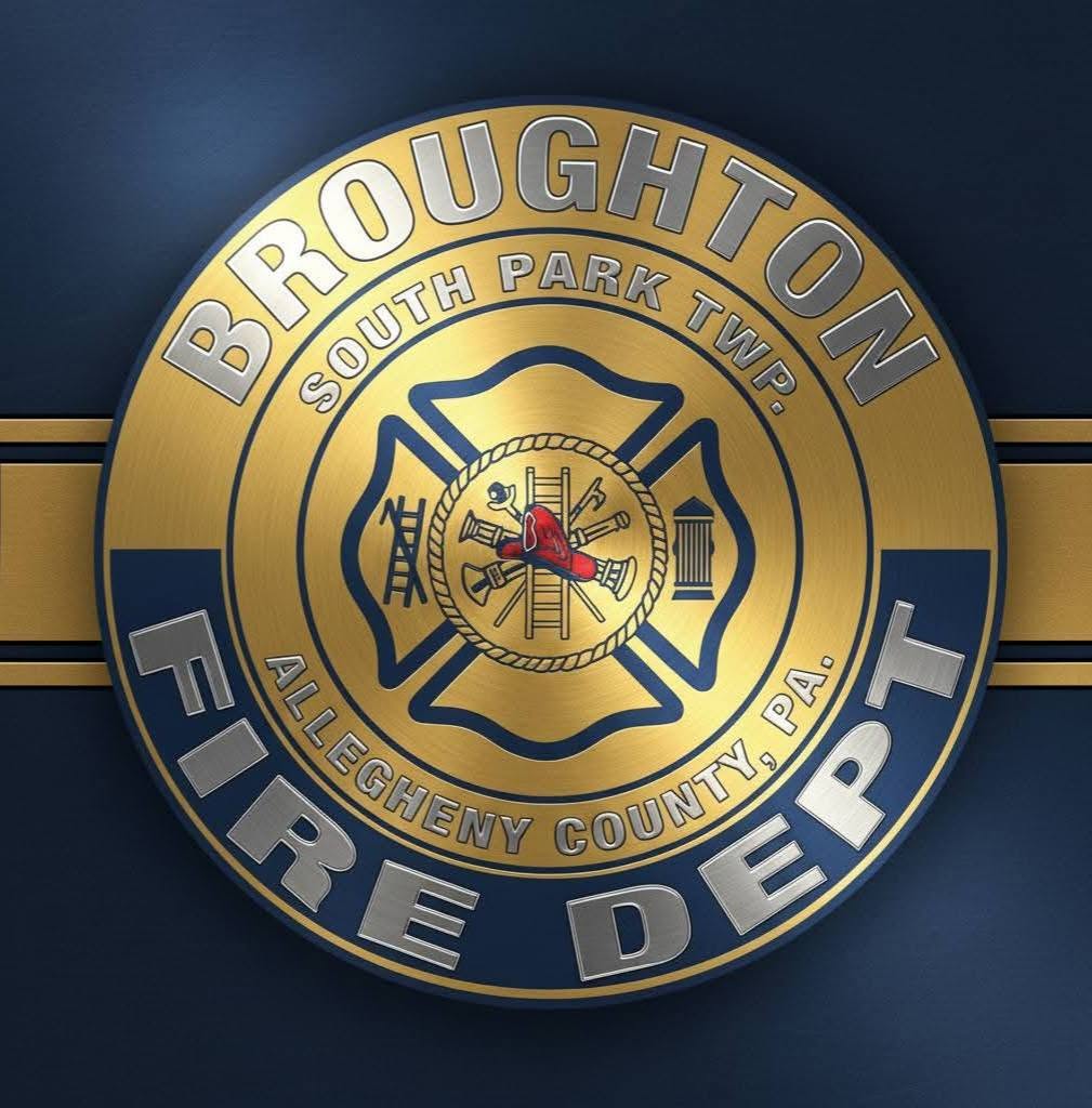 Gold and blue emblem for Broughton Fire Dept, South Park Twp, Allegheny County, PA, with firefighter symbols including a ladder, hydrant, helmet, and pike.